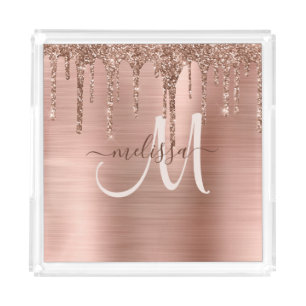 Chic Rose Gold Dripping Glitter Brushed Metal Glam Acrylic Tray