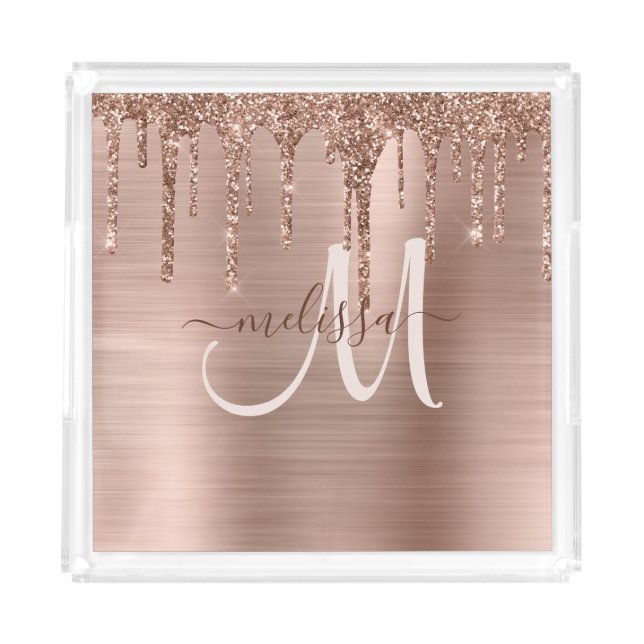 Chic Rose Gold Dripping Glitter Brushed Metal Glam Acrylic Tray (Front)