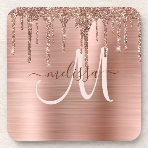 Chic Rose Gold Dripping Glitter Brushed Metal Glam Beverage Coaster