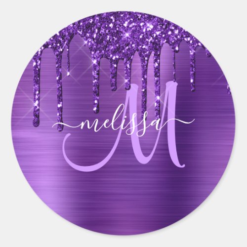 Chic Rose Gold Dripping Glitter Brushed Metal Glam Classic Round Sticker