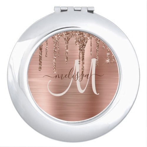 Chic Rose Gold Dripping Glitter Brushed Metal Glam Compact Mirror