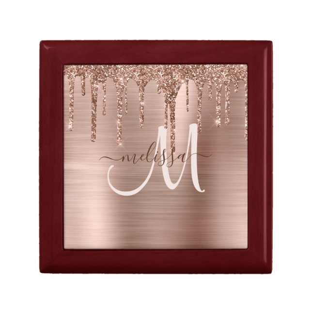 Chic Rose Gold Dripping Glitter Brushed Metal Glam Gift Box (Front)