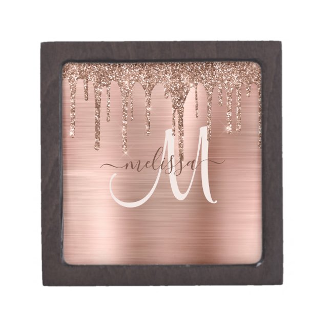 Chic Rose Gold Dripping Glitter Brushed Metal Glam Gift Box (Front)