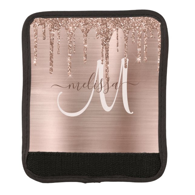 Chic Rose Gold Dripping Glitter Brushed Metal Glam Luggage Handle Wrap (Front)