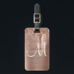 Chic Rose Gold Dripping Glitter Brushed Metal Glam Luggage Tag<br><div class="desc">Add a touch of glitter and glam to your luggage with this elegant personalized bag tag. This chic design template features a large script monogram and your name to personalize on a background of rose gold brushed metallic texture accented by a border of faux dripping glitter. A unique girly gift...</div>