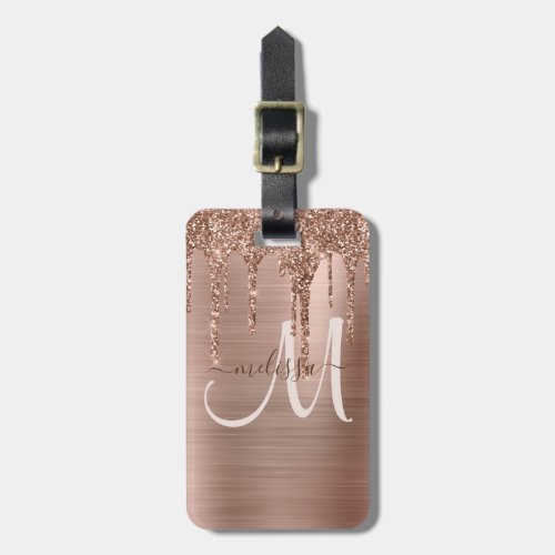 Chic Rose Gold Dripping Glitter Brushed Metal Glam Luggage Tag
