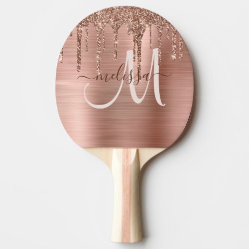 Chic Rose Gold Dripping Glitter Brushed Metal Glam Ping Pong Paddle