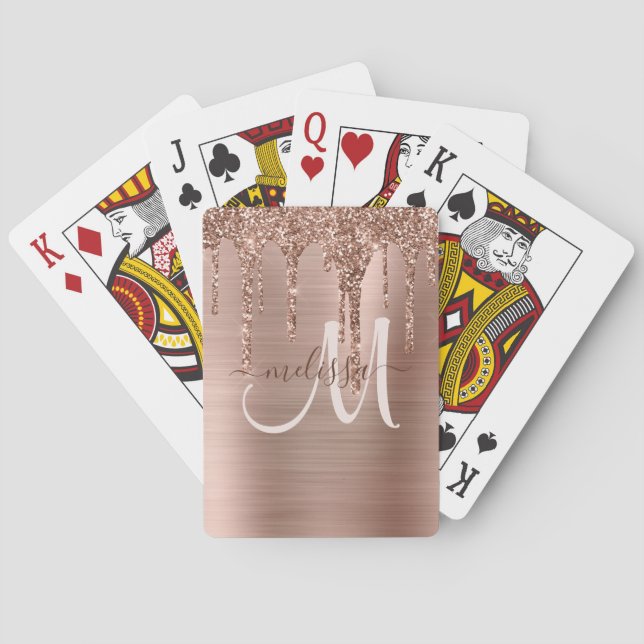 Chic Rose Gold Dripping Glitter Brushed Metal Glam Poker Cards (Back)