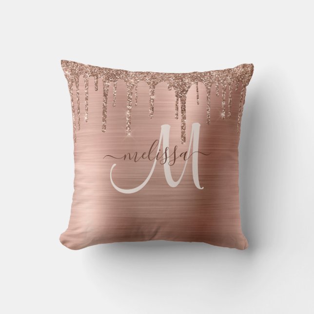 Chic Rose Gold Dripping Glitter Brushed Metal Glam Throw Pillow (Front)