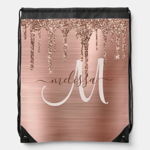 Chic Rose Gold Dripping Glitter Brushed Metal Name Drawstring Bag