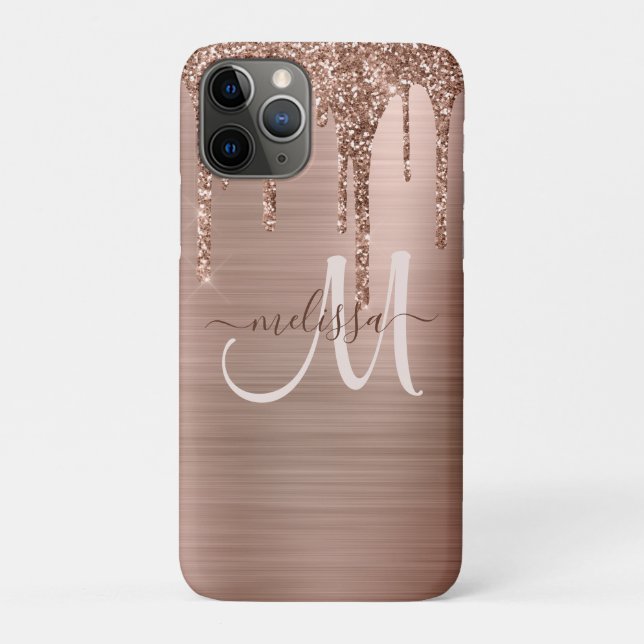 Chic Rose Gold Dripping Glitter Metal Monogram Case-Mate iPhone Case (Back)