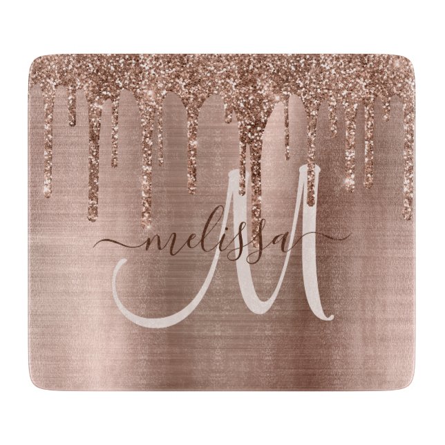 Chic Rose Gold Dripping Glitter Metal Monogram Cutting Board (Front)