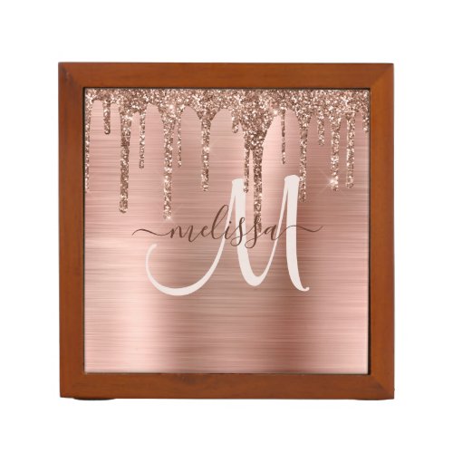 Chic Rose Gold Dripping Glitter Metal Monogram Desk Organizer