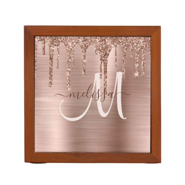 Chic Rose Gold Dripping Glitter Metal Monogram Desk Organizer (Front)