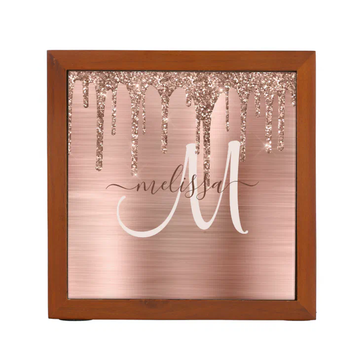 Chic Rose Gold Dripping Glitter Metal Monogram Desk Organizer Zazzle