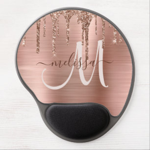 Chic Rose Gold Dripping Glitter Metal Monogram Gel Mouse Pad