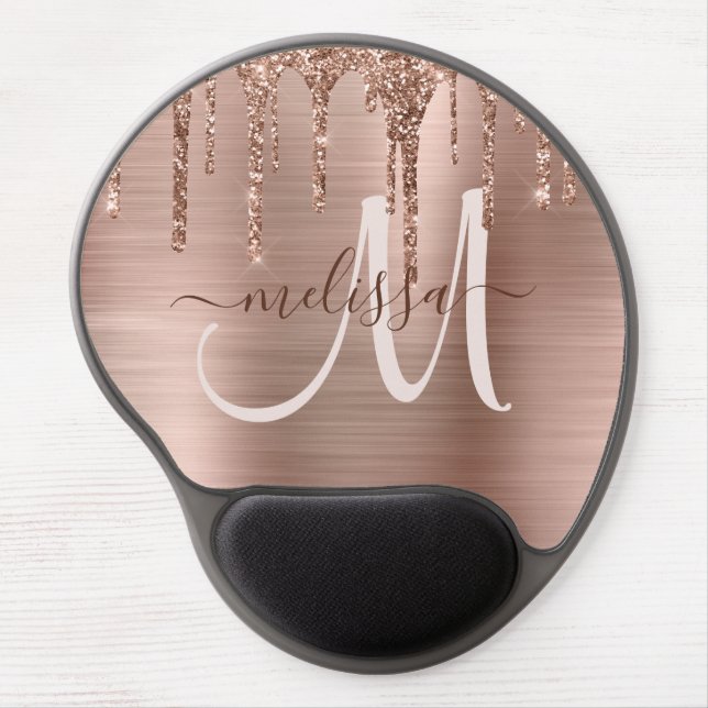 Chic Rose Gold Dripping Glitter Metal Monogram Gel Mouse Pad (Front)