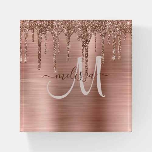 Chic Rose Gold Dripping Glitter Metal Monogram Paperweight