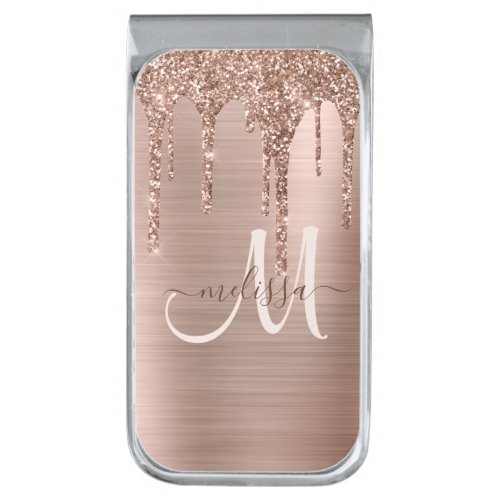 Chic Rose Gold Dripping Glitter Metal Monogram Silver Finish Money Clip