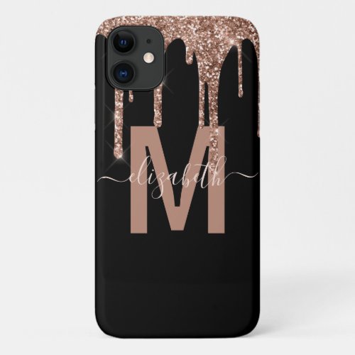 Chic Rose Gold Dripping Glitter Monogram Name iPhone 11 Case