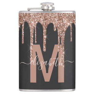 Chic Rose Gold Dripping Glitter Monogram Name Flask