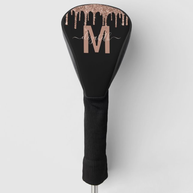 Chic Rose Gold Dripping Glitter Monogram Name Golf Head Cover (Front)
