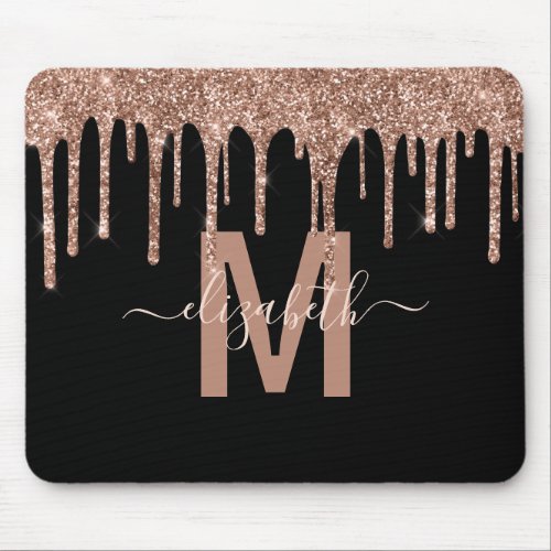 Chic Rose Gold Dripping Glitter Monogram Name Mouse Pad