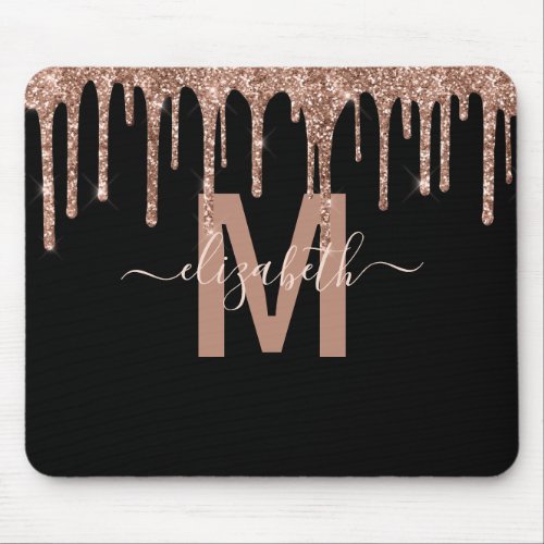 Chic Rose Gold Dripping Glitter Monogram Name Mouse Pad
