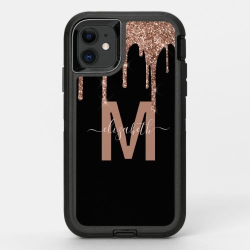 Chic Rose Gold Dripping Glitter Monogram Name OtterBox Defender iPhone 11 Case