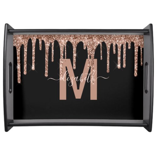 Chic Rose Gold Dripping Glitter Monogram Name Serving Tray