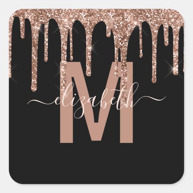 Chic Rose Gold Dripping Glitter Monogram Name Square Sticker (Front)