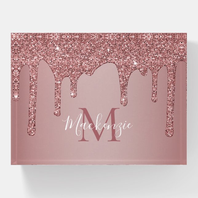 Chic Rose Gold Dripping Glitter Monogram Paperweight (Front)