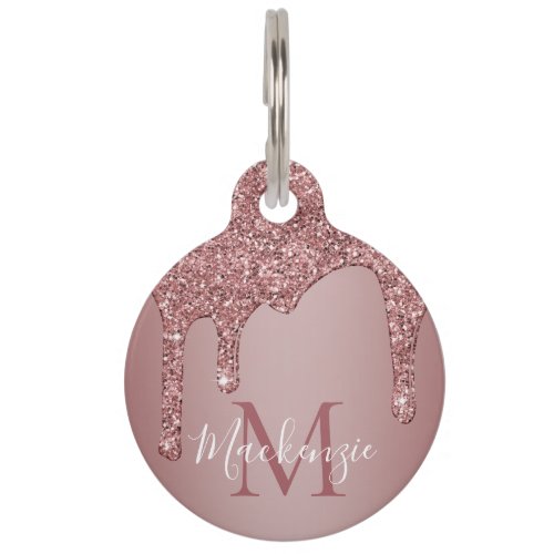 Chic Rose Gold Dripping Glitter Monogram Pet ID Tag