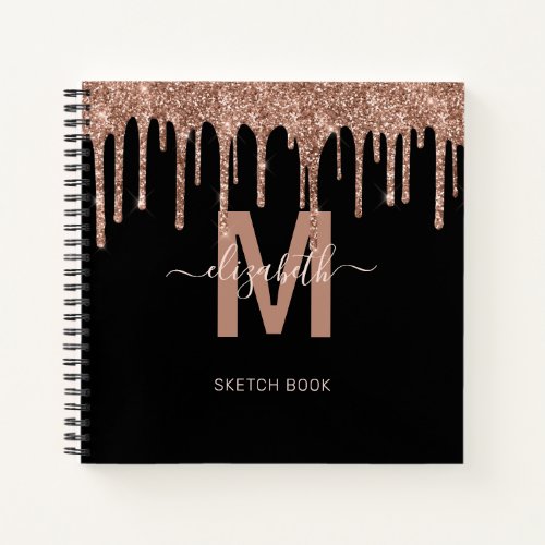 Chic Rose Gold Dripping Glitter Monogram Sketch Notebook