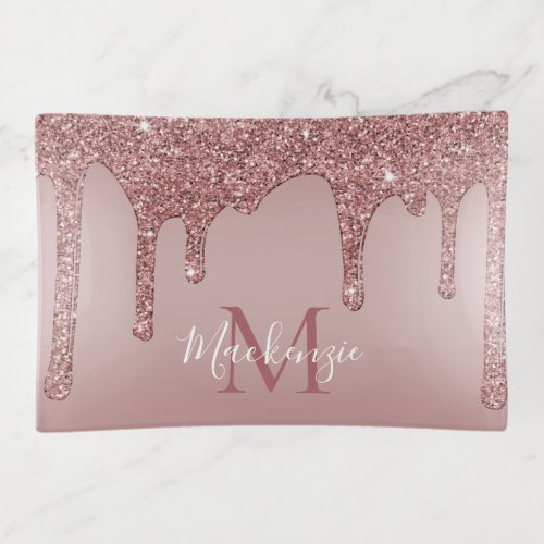 Chic Rose Gold Dripping Glitter Monogram Trinket Tray