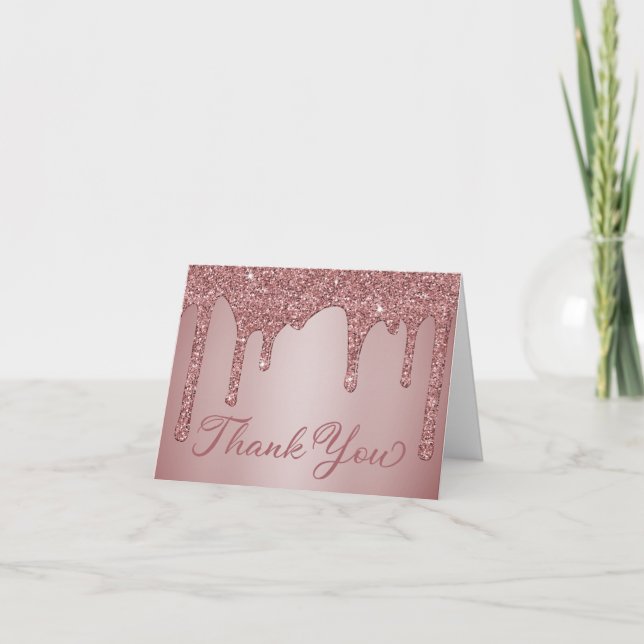 Chic Rose Gold Dripping Glitter Thank You Card (Front)