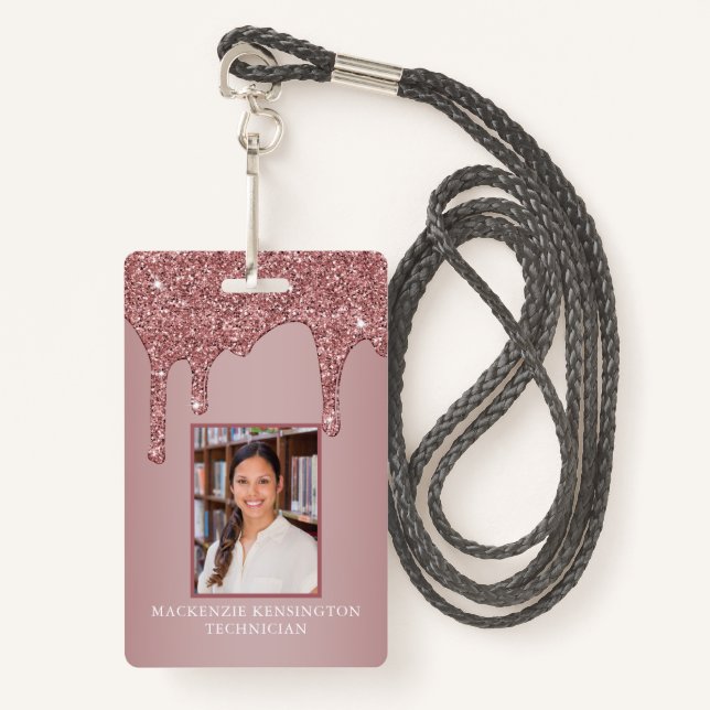 Chic Rose Gold Dripping Sparkle Glitter Monogram Badge (Front with Lanyard)