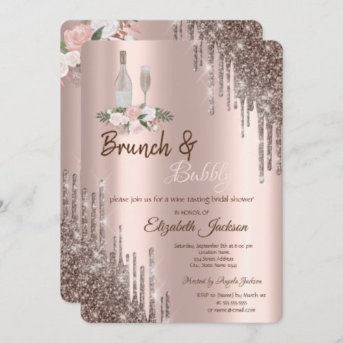 Chic Rose Gold Drips Brunch  Bubbly Bridal Shower Invitation