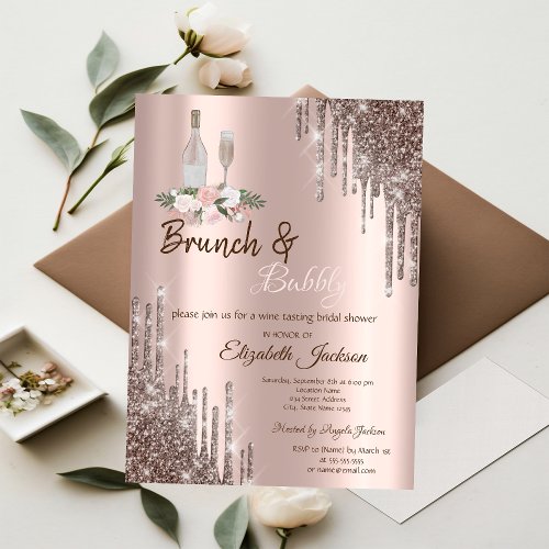 Chic Rose Gold Drips Brunch  Bubbly Bridal Shower Invitation