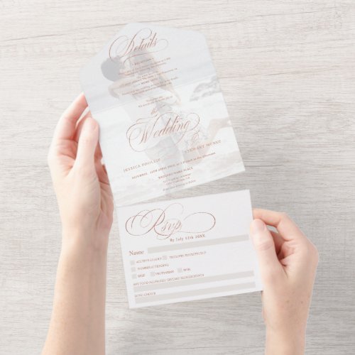 Chic rose gold elegant photo calligraphy wedding all in one invitation - Chic faux rose gold foil elegant classic photo in one calligraphy wedding invitation with rsvp, accommodations, details, and more info. With a beautiful brush calligraphy script
