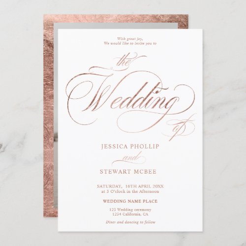 Chic rose gold elegant photo calligraphy wedding invitation