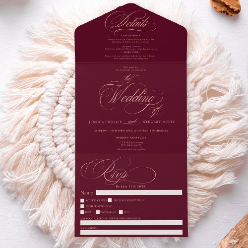 Chic rose gold elegant red calligraphy wedding all in one invitation