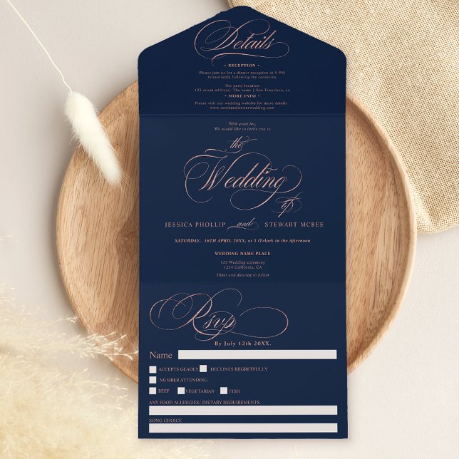 Chic rose gold elegant script navy blue wedding all in one invitation (Creator Uploaded)
