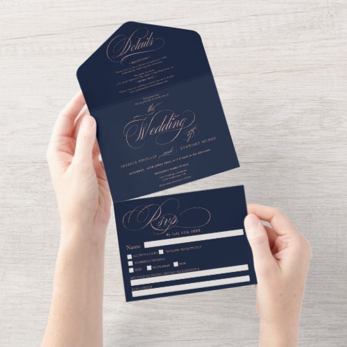 Chic rose gold elegant script navy blue wedding all in one invitation - Chic faux rose gold foil elegant classic call in one calligraphy wedding invitation with rsvp, accommodations, details, and more info. With a beautiful brush calligraphy script on editable navy blue.
