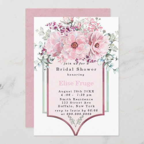 Chic Rose Gold Floral and Eucalyptus Bridal Shower Invitation