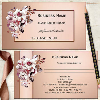 Chic Rose Gold Floral Appointment Business Card by sunnysites at Zazzle