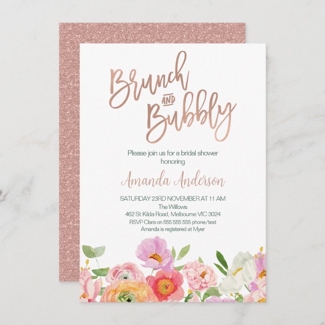 Chic Rose Gold Floral Brunch Bubbly Bridal Shower Invitation (Front/Back)