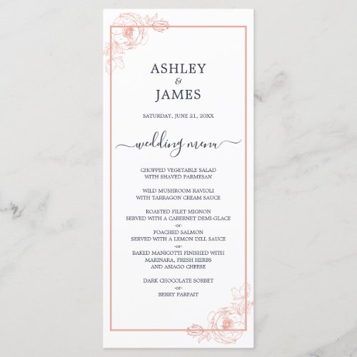 Chic Rose Gold Floral Outline Navy Blue Wedding Menu