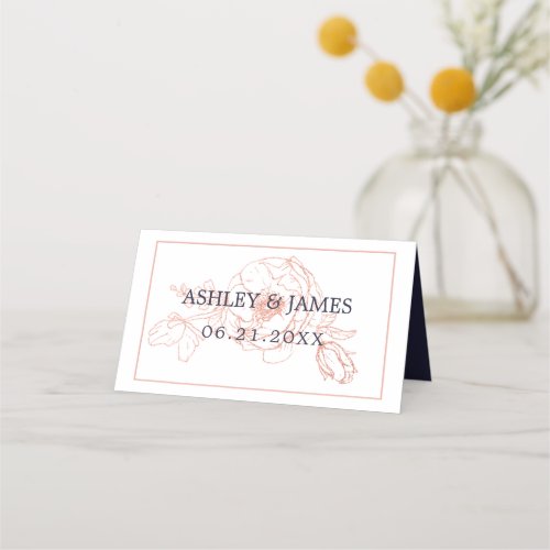 Chic Rose Gold Floral Outline Navy Blue Wedding Place Card