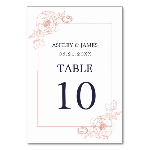 Chic Rose Gold Floral Outline Navy Blue Wedding Table Number